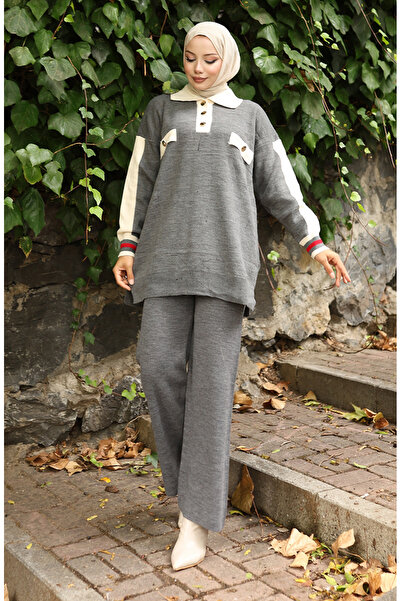sefamerve Knitwear Polo Neck Tunic Trousers Double Suit 1048-08 Gray