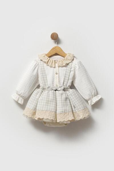 ministok Stella Lace Detailed, Gingham Patterned Baby Girl Salopet Skirt Set