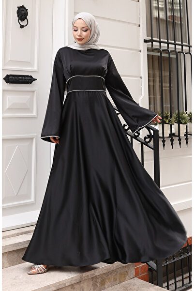 sefamerve Βραδινό φόρεμα με σατέν με κορδόνια 5610-01 Μαύρο