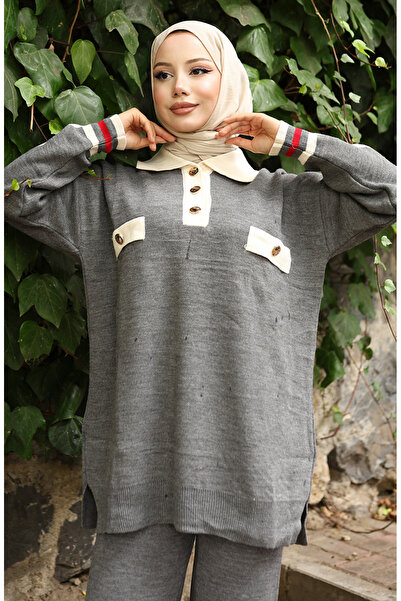 sefamerve Knitwear Polo Neck Tunic Trousers Double Suit 1048-08 Gray