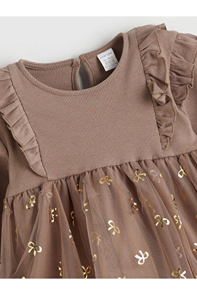 LC Waikiki LCW baby Kahverengi Bisiklet Yaka Kız Bebek Tütü Elbise
