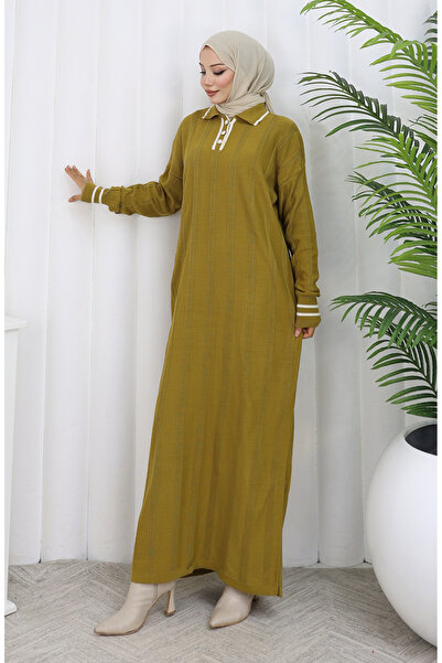 sefamerve Knitted polo neck buttoned dress 1135-01 olive green