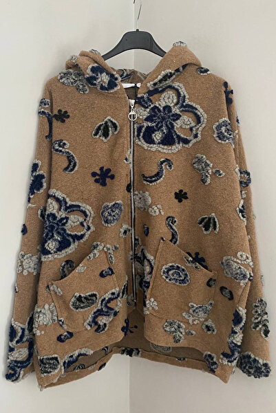 AYASOFYA OTANTIK Women's Italian Camel Hooded Embossed Floral Patterned Wool Short Coat with Pockets and Zipper