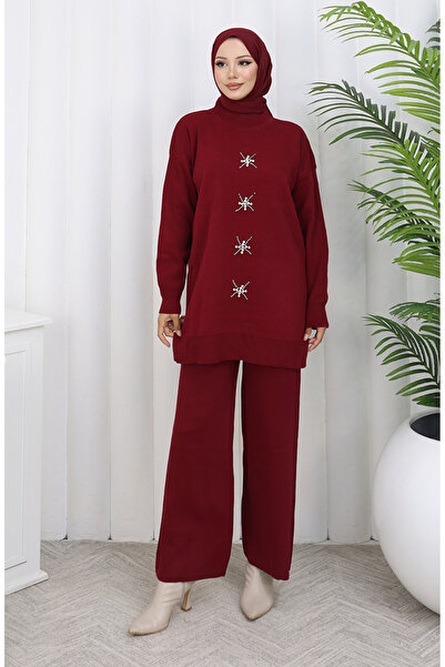 sefamerve Knitwear Pearl Embroidered Tunic Trousers Double Suit 1068-08 Burgundy