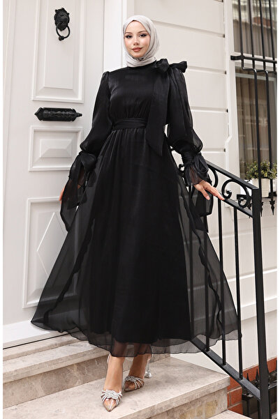 sefamerve Organza Tulle Gathered Waist Belted Evening Dress 5611-08 Black