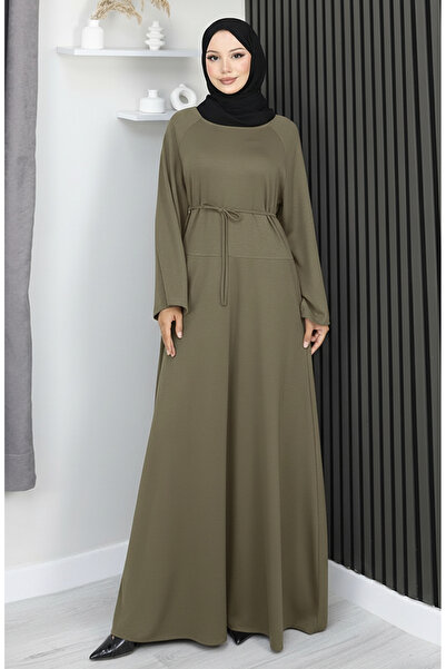 sefamerve Premium Fabric Belted Hijab Dress 2162-01 Khaki
