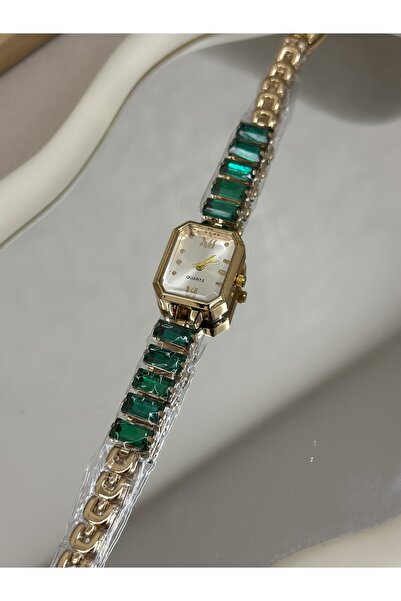 ela jewelry ساعة حجرية ذهبية خضراء بقرص مستطيل