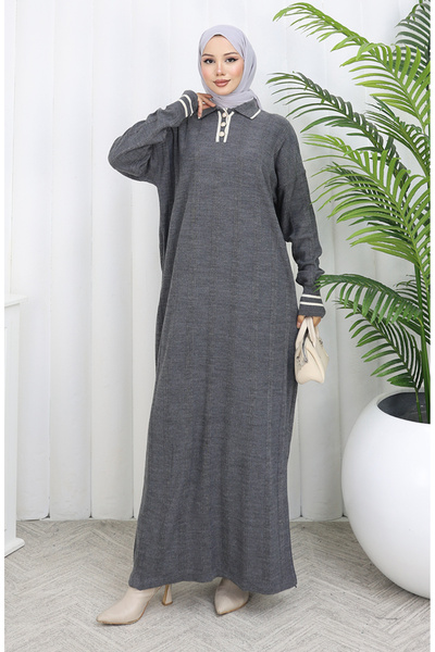 sefamerve Knitted polo neck buttoned dress 1135-03 anthracite