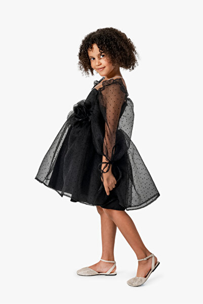 YUSALİ Black Evening Dress with Tulle Sleeves