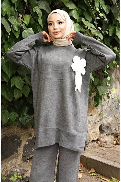 sefamerve Knitwear Floral Detailed Tunic Trousers Double Set 1028-05 Gray