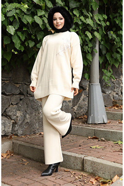 sefamerve Knitwear Floral Embroidered Tunic Trousers Double Set 1067-06 Beige