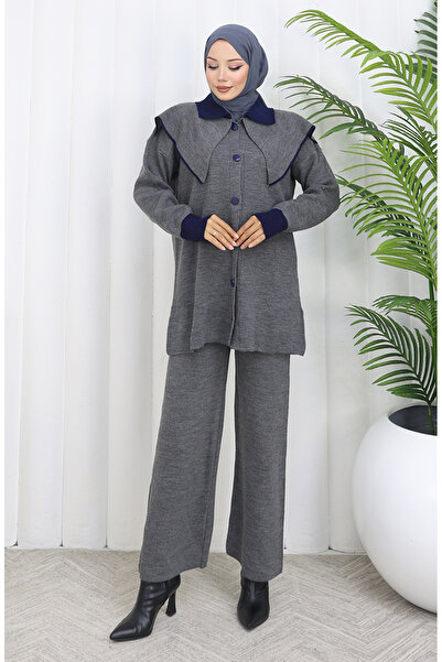 sefamerve Knitwear Buttoned Paneled Tunic Trousers Double Set 1122-07 Gray