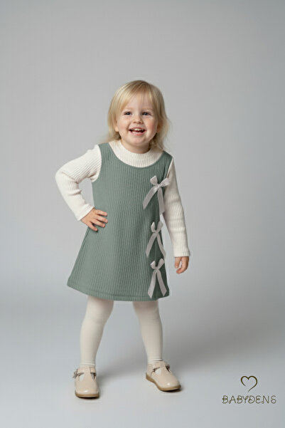 BABYDEN'S Girl's Corded Fabric Dress 100% Cotton, Long Sleeve, Bow, Soft Texture, Stylish Casual, Special Occasion Dress