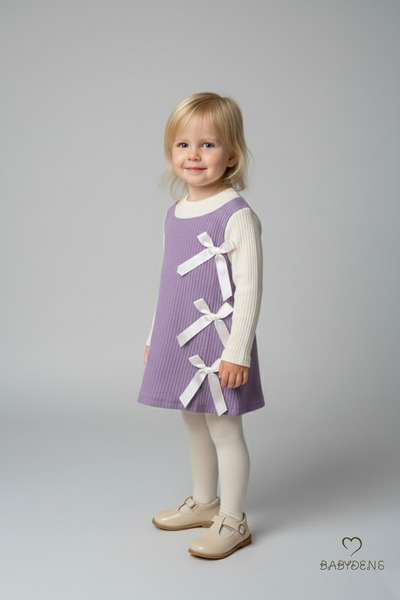 BABYDEN'S Girl's Corded Fabric Dress 100% Cotton, Long Sleeve, Bow, Soft Texture, Stylish Casual, Special Occasion Dress