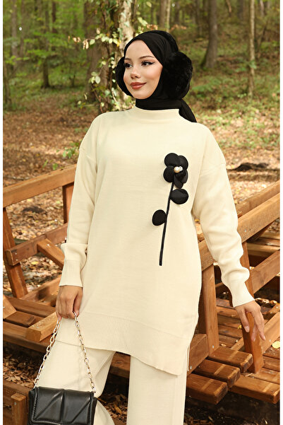 sefamerve Πλεκτό Παντελόνι Τουνίκ με Φιγούρες Λουλουδιών Διπλό Σετ 1017-07 Μπεζ