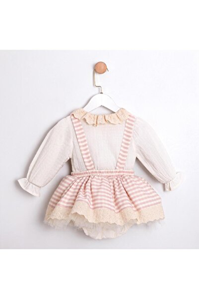 ministok Stella Lace Detailed, Gingham Patterned Baby Girl Salopet Skirt Set