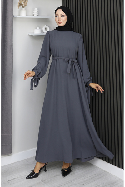 sefamerve Manşeti Bağcıklı Tesettür Elbise 7121-07 Füme