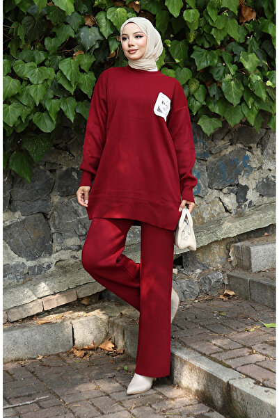 sefamerve Knitted tunic and pants two-piece set 1029-06 burgundy