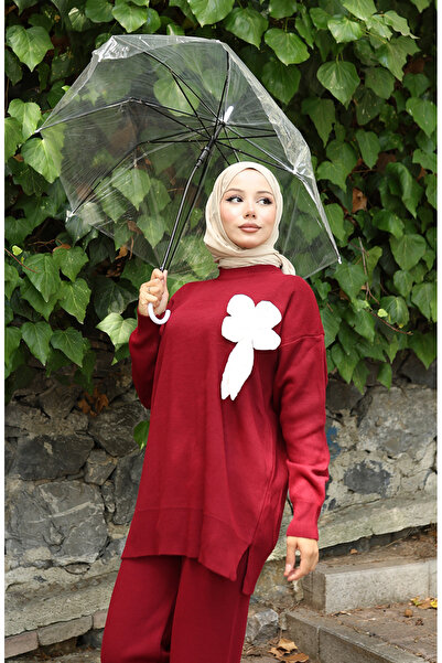 sefamerve Knitted floral detail tunic and pants two-piece set 1028-04 burgundy