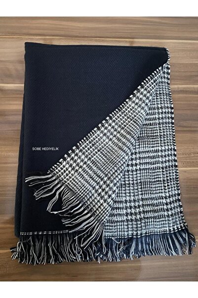 Sobe Hediyelik Navy Blue Wool Shawl – Double-Sided Plaid Pattern Thick Winter Shawl