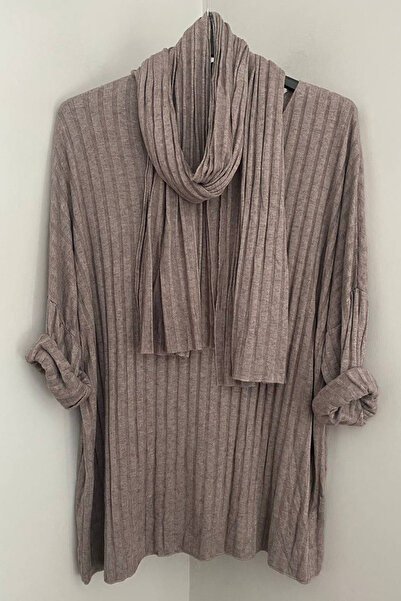 AYASOFYA OTANTIK Women's Italian Mink V-Neck Scarf with Stripe Pattern Loose Knitwear Blouse