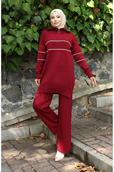 sefamerve Knitted zippered tunic pants double set 1050-07 burgundy