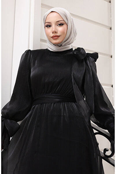 sefamerve Organza Tulle Gathered Waist Belted Evening Dress 5611-08 Black