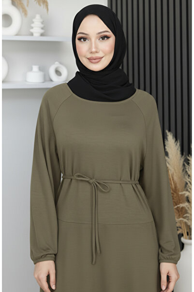 sefamerve Premium Fabric Belted Hijab Dress 2162-01 Khaki