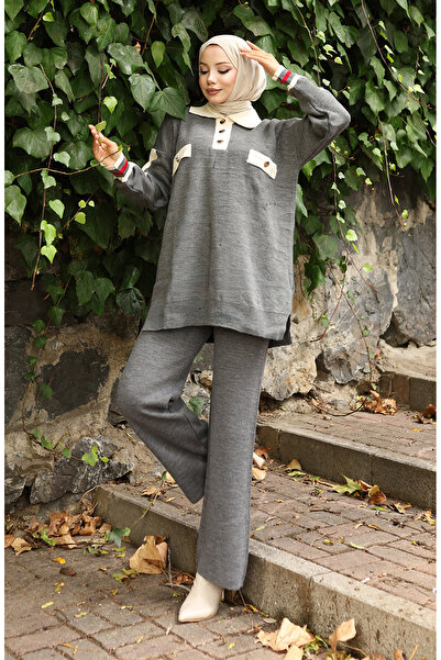 sefamerve Knitwear Polo Neck Tunic Trousers Double Suit 1048-08 Gray