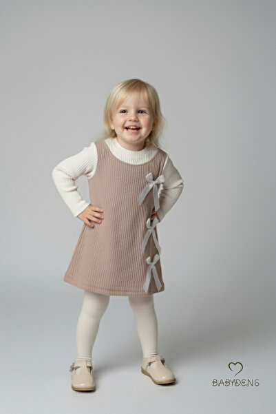 BABYDEN'S Girl's Corded Fabric Dress 100% Cotton, Long Sleeve, Bow, Soft Texture, Stylish Casual, Special Occasion Dress