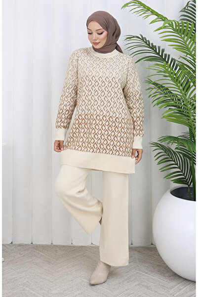 sefamerve Knitwear Patterned Tunic Trousers Double Set 1085-05 Beige