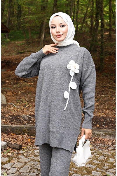 sefamerve Knitted floral tunic and pants two-piece set 1017-04 grey