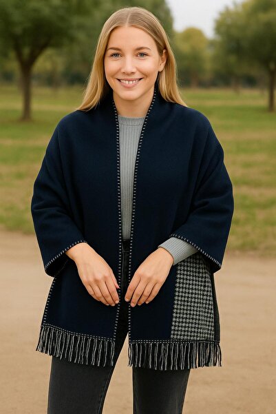 Sobe Hediyelik Navy Blue Wool Shawl – Double-Sided Plaid Pattern Thick Winter Shawl