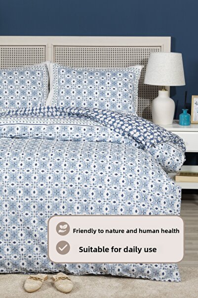 Elart Amanda Bedding Set King Size 100% Cotton Ranforce Fitted Sheet (240X220 cm) Blue