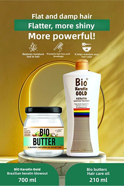 Bio Keratin Gold مجفف الشعر البرازيلي بالكيراتين 700 مل وزبدة حيوية 210 مل زيت العناية بالشعر