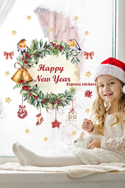 Sticker Ekspres Happy New Year Wreath Christmas Ornament New Year Glass Door Wall Sticker Set