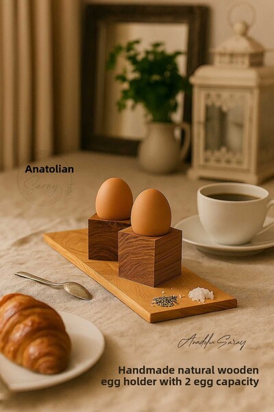 Anadolu Saray 2 Egg Capacity Handmade Natural Wooden Egg Cup Presentation Stand Wooden Presentation Serving Product
