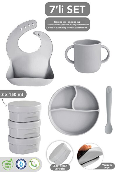 Meleni Baby 7-Piece Silicone Feeding Set - Baby Bib Vacuum Plate Cup Teether ...