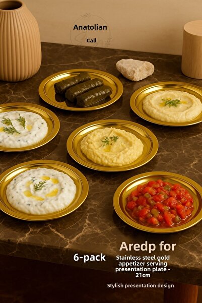 Anadolu Saray 6 Pcs Stainless Steel 21cm Gold Appetizer Serving and Presentation Plate Stylish Presentation Design