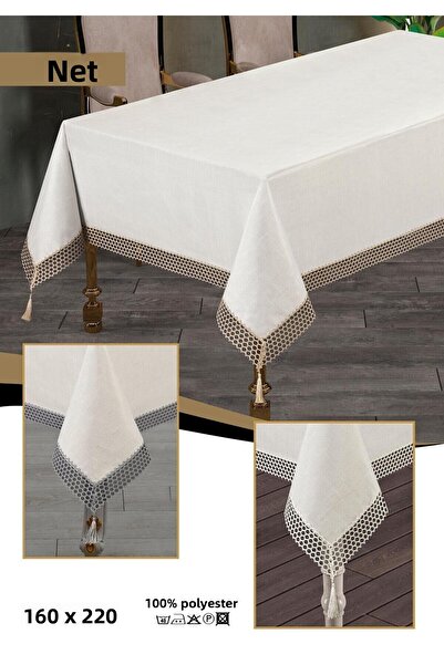w white stars sports & wear Luxury Table Cloth - Stain Resistant - 160X220 cm Jumbo Güpür Pattern Cream