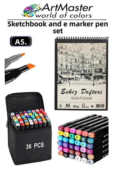 Artmaster Скицник А5, 50 листа, 100 гр, 1 брой, 36 цвята, маркер, двустранен,...