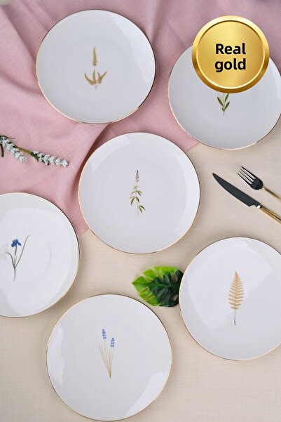 tabakevi Tabak Evi Porcelain Natura Mixed Gold Gilded Cake Plate 20.50cm Set of 6