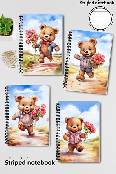 qoeuyl boutique Cute Bears Design Wire Spiral A5 Lined 4-Piece Souvenir, Memory, School Notebook Set