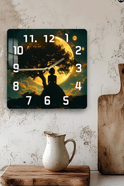 kutuTR 3D Looking Tempered Glass Square Clock – Moon Silhouette Themed Uv Printing 33X33 cm - Kcs119