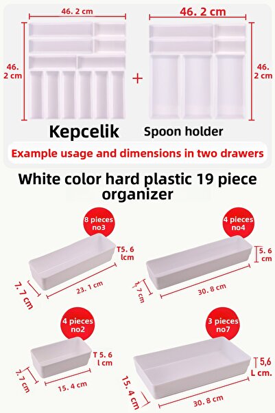 color house Organizator din plastic dur de culoare albă, set de 19 bucăți, organizator modular pentru tacâmuri în sertar, alb