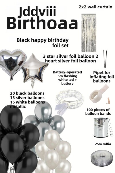 Baloncu Nene Black Happy Birthday Foil Balloon Set Black Silver Birthday Party Set Decorations