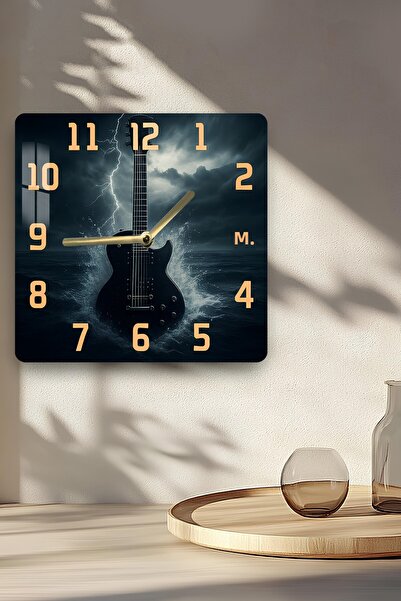 kutuTR 3D Look Tempered Glass Square Clock – Guitar and Storm Themed Uv Printing 33X33 cm - Kcs132
