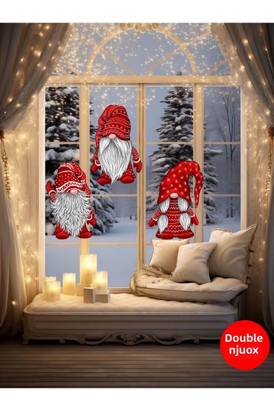 aiki Transparent Double-Sided, Christmas Ornament, Red Gnomes Decorative Glass, Sticker