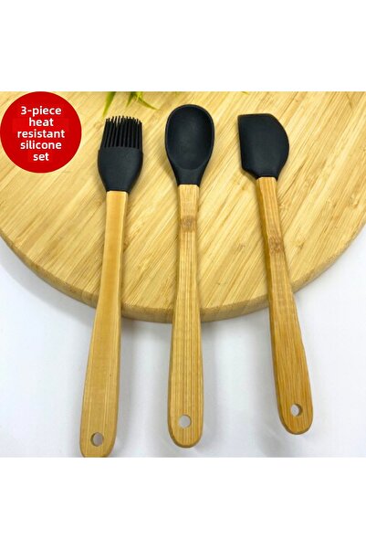 ViZKA مجموعة ملاعق سيليكون بمقبض من الخيزران، طقم مطبخ مكون من 3 قطع مقاوم لل...