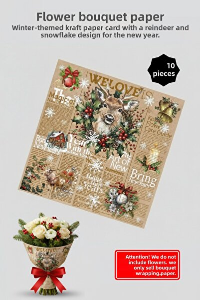 COLORPAK Deer Winter Themed Floral Wrapping Paper / Snowflake Patterned New Year Bouquet Packaging 55X55Cm 10 Pieces